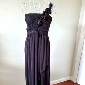 Black shoulder strap dress with beads & lace.
